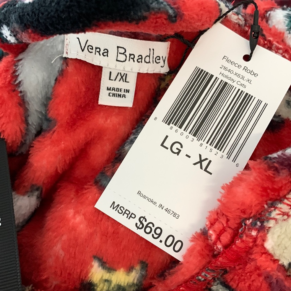 NWT $69 Vera Bradley Holiday Cats Print Plush Fleece Cozy Hooded Robe Red L/XL - Picture 8 of 9